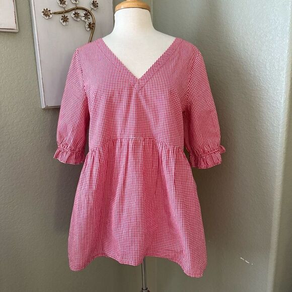 Maeve Anthropologie Gingham Tunic Peplum Blouse Red White Tunic Medium - Picture 12 of 12